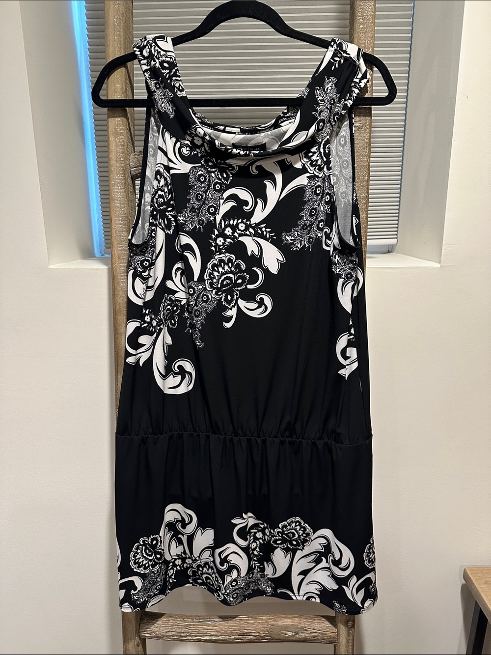 White House Black Market Black & White Cowl Neck Floral Tank Dress